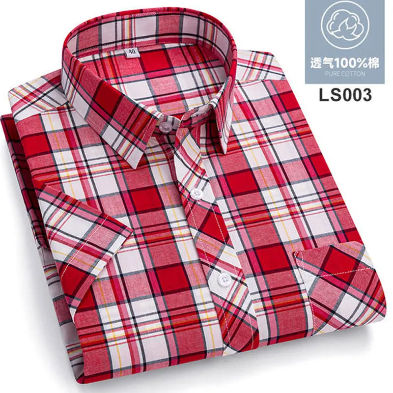 100% cotton 7XL 8XL Men\'s short-sleeved shirt Summer thin breathable plaid casual non-ironing high quality plus size