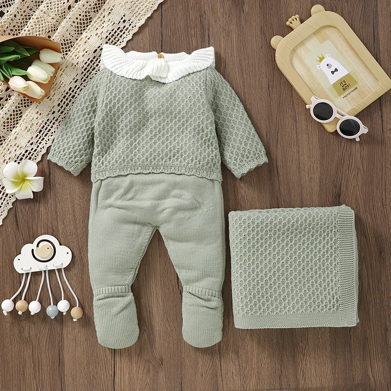 Newborn Baby Romper Blanket Sets Knit Girl Infant Clothes Quilt Long Sleeve Autumn Toddler Boys Jumpsuit Plaid 2PC Fashion Solid