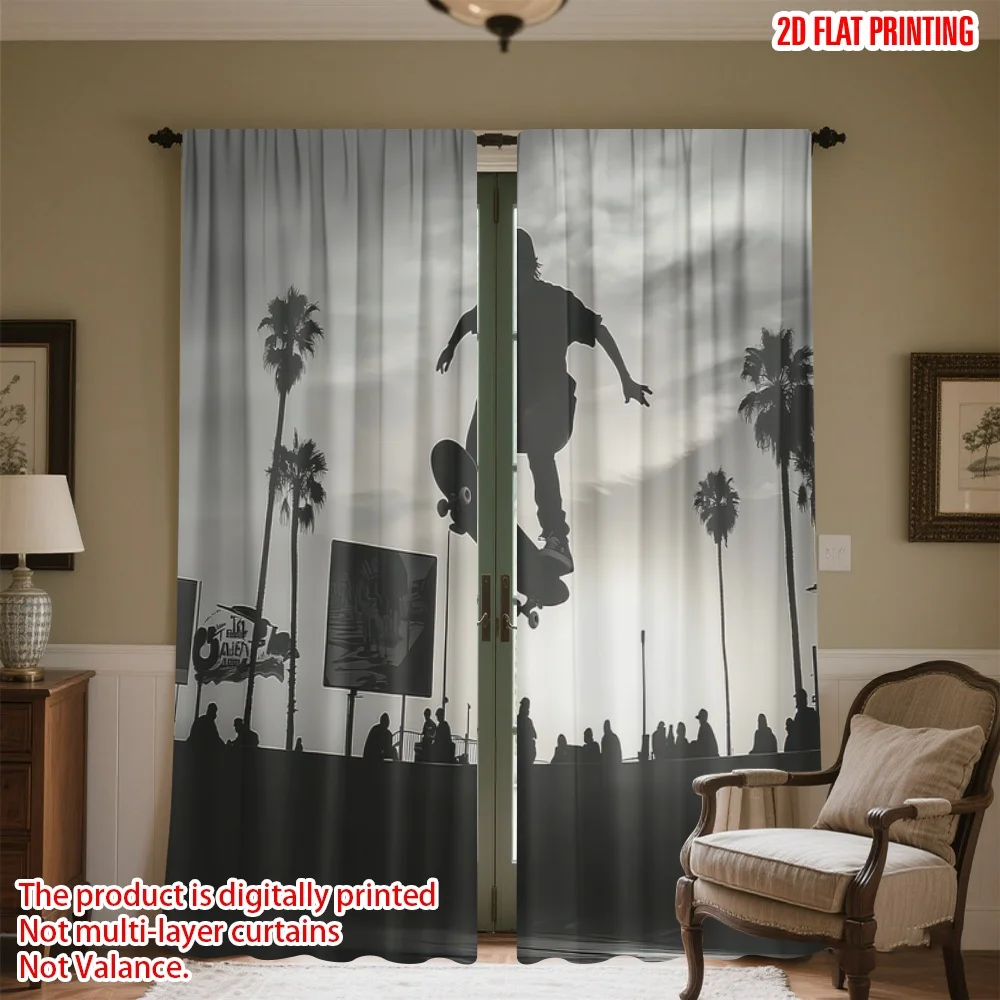 

2D flat printing 2pcs Curtain Silhouette of Skateboarder Digital Printed Polyester Drapes Festive Wall Decor Use for Holiday