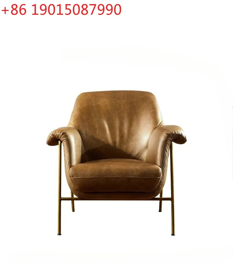 American retro all-genuine leather metal adult sofa chair living room light luxury wrought iron single first layer cowhide