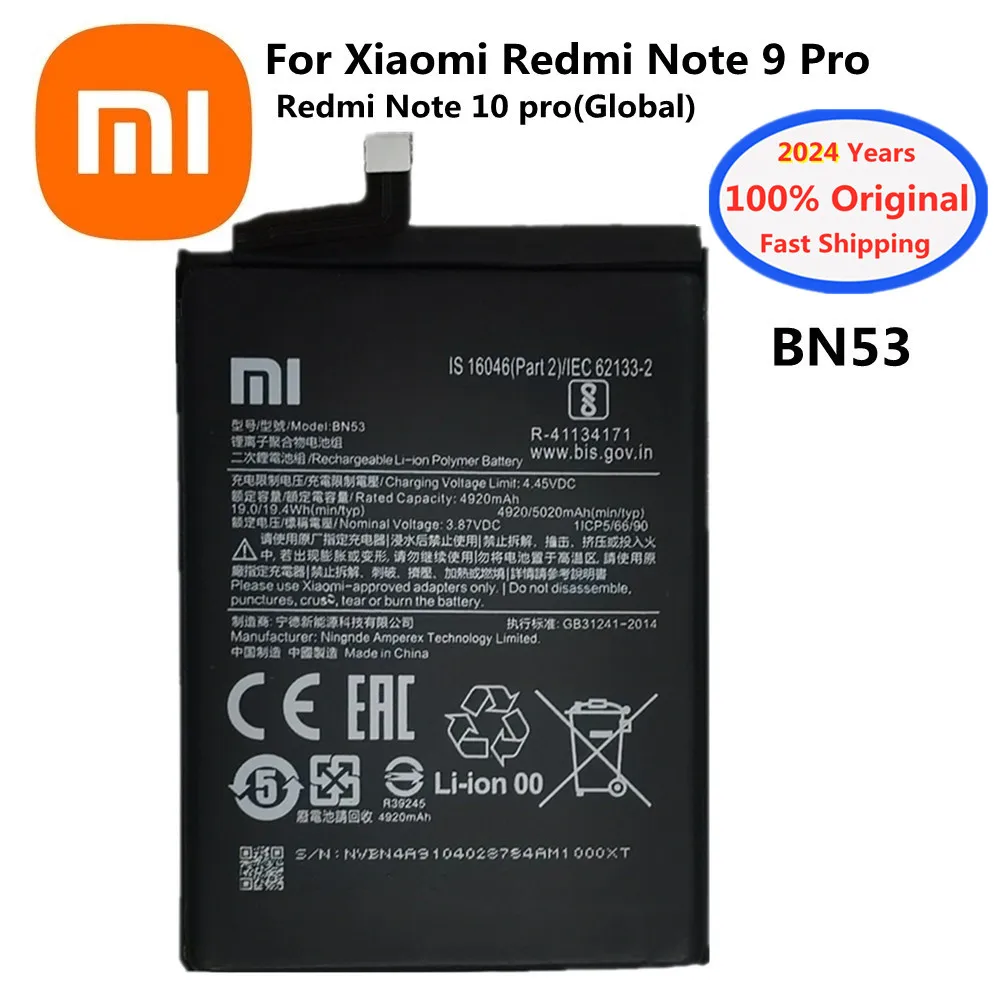 

2024 Years 100% Original Redmi Note 9 ProBattery BN53 For Xiaomi Redmi Note 9Pro / Redmi Note 10 pro 10pro 5020mAh Phone Battery