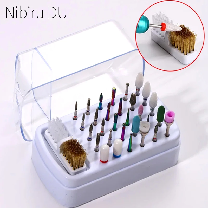 30 Holes Nail Drill Bits Storage Box Nail Grinding Head Holder Stand Display Cleanser Dustproof Cutter Manicure Organizer Stand