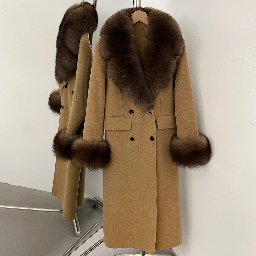 Women's Overcoat Double Face Wool Blend Coat Belted Relaxed Fit Classic Commuting Wear Cold Season Outerwear with Fur Trim