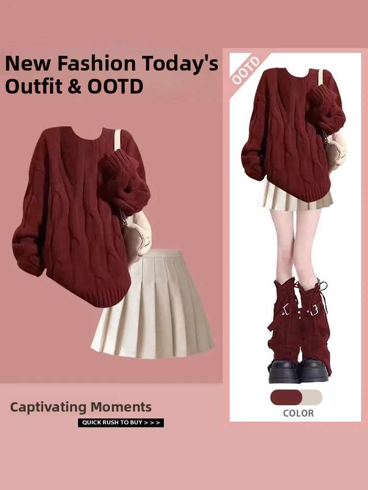 

Red Knitted Sweater And Skirt Set Loose Design Autumn Winter Faion Slimming A-Line Skirt Matching Warm Cozy Polyester Fiber