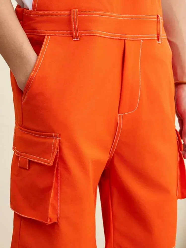 Summer Mens Casual Knee Length Shorts Multi Pockets Straps Overalls Slim Fit Comfortable Suspenders Cargo Shorts Male Streetwear