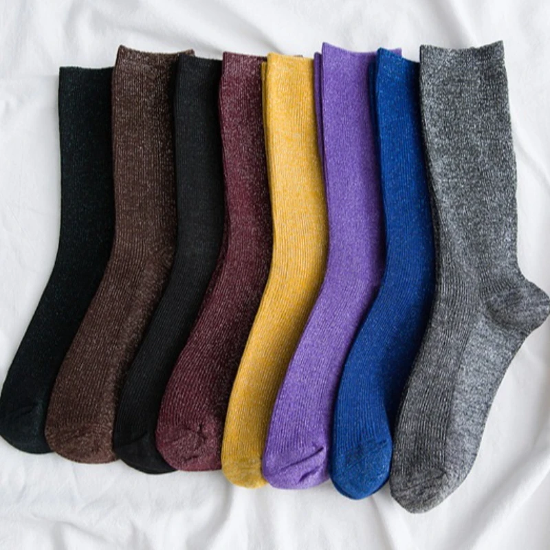 

7 пар милых золотисто-серебристых носков, весенне-осенние дышащие носки, яркие блестящие женские носки, модные блестящие носки с эффектом сияния