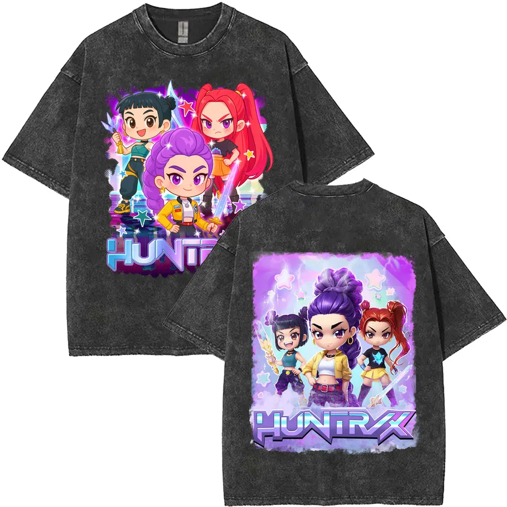 

Movie KPop Demon Hunters Washed Vintage T-shirts Kawaii Cute Rumi Mira Zoey Print T-shirt Men Women Korean Fashion Trend T Shirt