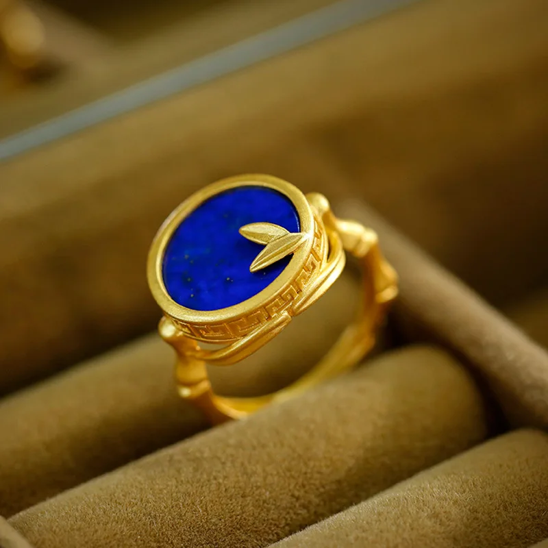 

Кольцо из серебра 925 пробы с инкрустацией лазуритом, бамбуковое кольцо, простое роскошное ретро-элитное женское ретро-кольцо