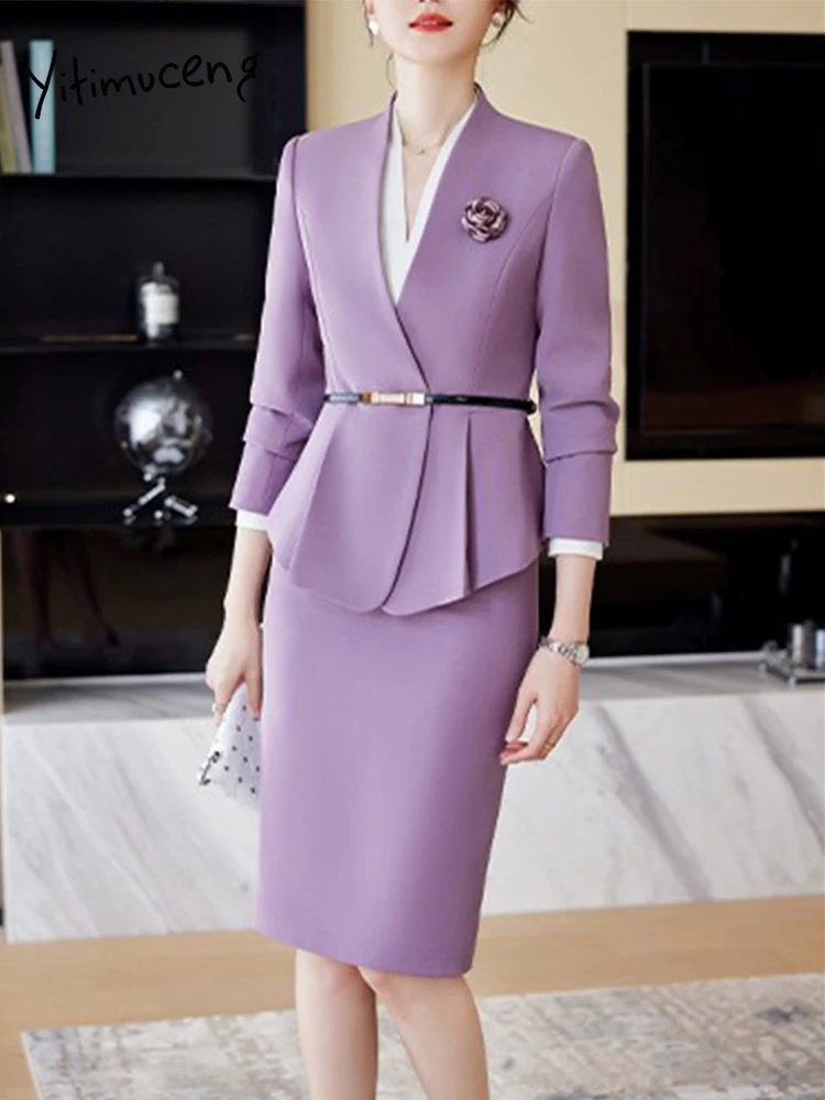 Yitimuceng Casual Office Skirt Suits for Women New Solid Color Slim Fit V Neck Concealed Button 2 Piece Set