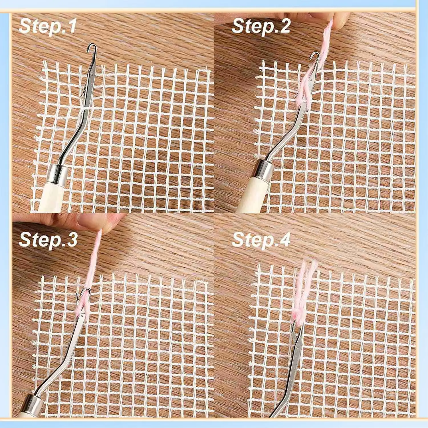 -A60I 2Pcs Blank Rug Hooking Mesh Latch Hook Canvas Kit With 2 Pcs Wooden Bent Crochets For DIY Rug Tapestry (19X19 Inch)