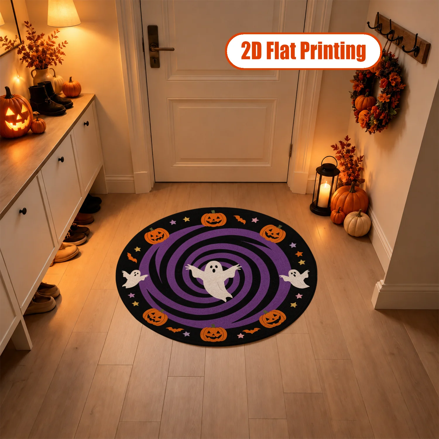 Halloween Ghost Pumpkin Bat Spiral Pattern Round Velvet Rug, Machine Washable Soft Floor Mat for Living Room Bedroom Entryway Dining Area, Ideal for Halloween Thanksgiving Black Friday Christmas New Year Holiday Decoration