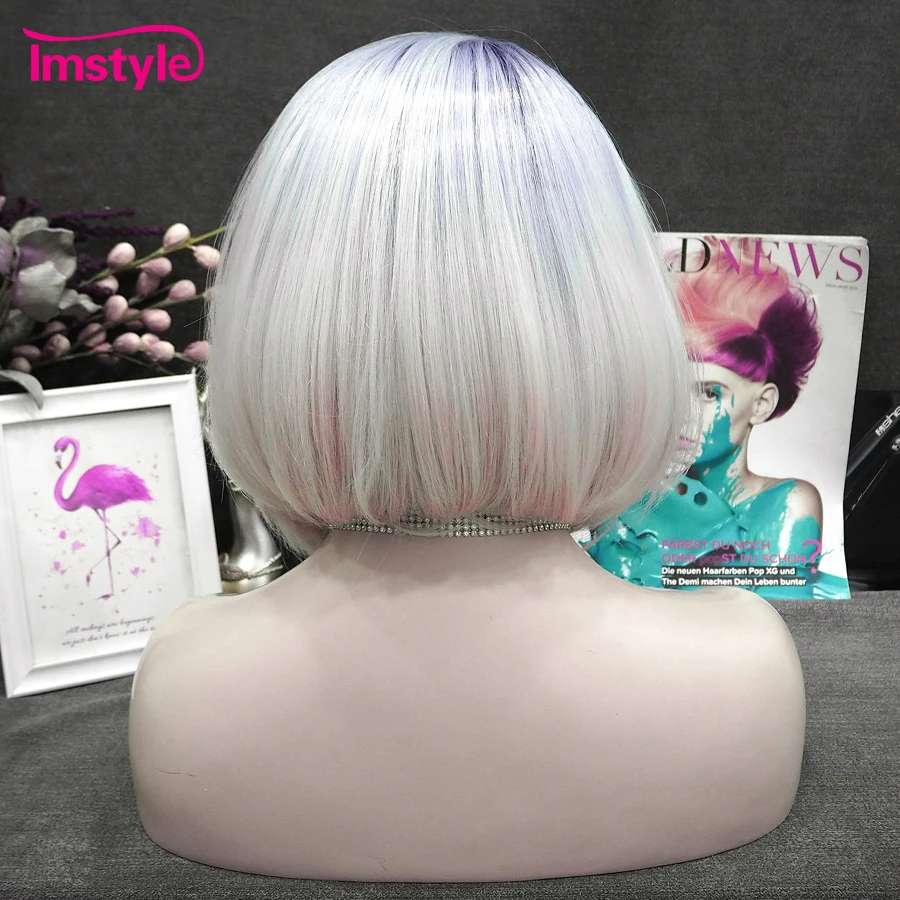 Imstyle Short Bob Wig Synthetic Lace Front Wig Ombre Purple White Wig Heat Resistant Fiber Wigs For Women Party Cosplay Wig