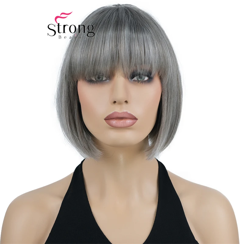 Strongbeauty Short Bob Wig for Women Straight Synthetic Wig with Bangs Grey mix Full Synthetic Wig Hair Piece