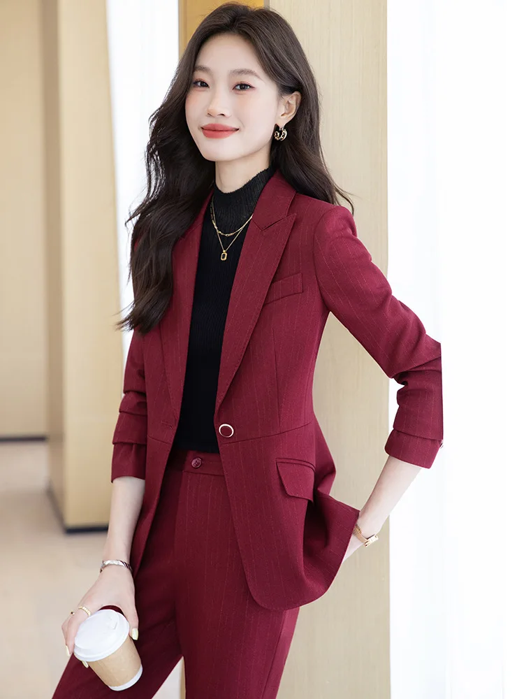 

Red striped suit for women, autumn and winter, high-end professional attire, business formal wear, commuter manager workwear sui