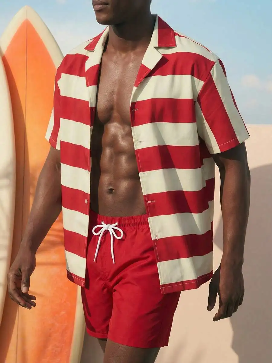 

Mens Red And White Striped Short Sleeve Shirt And Solid Red Swim Shorts Beach Resort Outfit