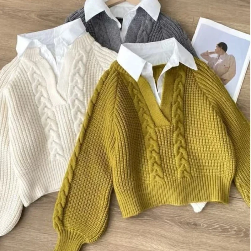 Fake Two Pieces Sweaters Autumn Winter Women\'s Clothing Long Sleeve Patchwork Solid Loose Vintage Pullovers Top Fashion Casual
