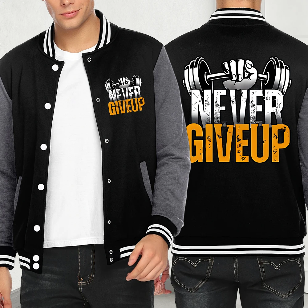 

Мужские куртки с принтом Never Give Up для фитнеса, разноцветный бейсбольный трикотаж, свободные повседневные топы, уличная одежда, осеннее модное флисовое пальто