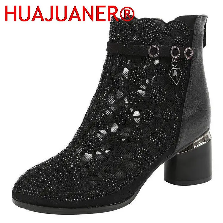 Moda Primavera Verão 2026: Sandálias de Gaze com Strass e Salto Grosso, Botas de Tornozelo de Malha Vazada Femininas para Outono