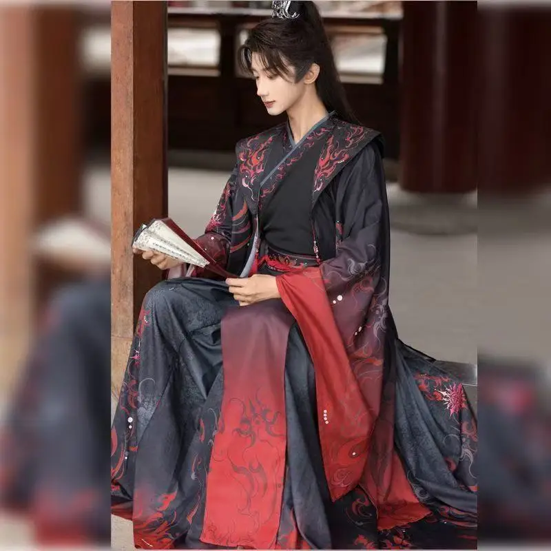 التقليدية الصينية Wuxia Hanfu الرجال النساء Weijin فترة عبر طوق زي خمر أسود أحمر هالوين المبارز تأثيري البدلة