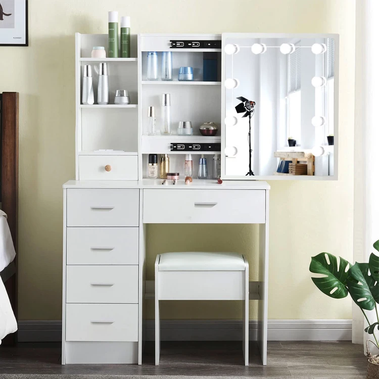 Espejo deslizante con luz Led para dormitorio, tocador de madera con pantalla táctil, mesa de escritorio, cajón, tocador de maquillaje, Schminktisch Tocador