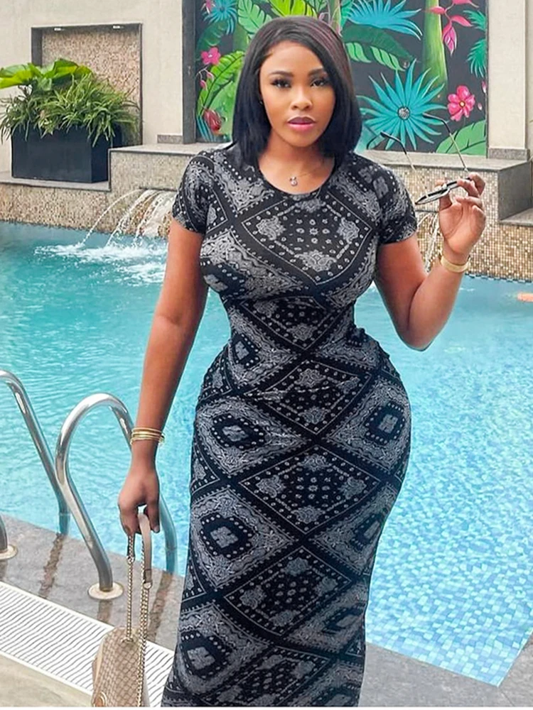 

Cutenew Hipster Dress Women Summer Printed Short Sleeve O-neck Body-shaping Maxi Vestidos Mujer Elegant Aesthetic Vintage Robe