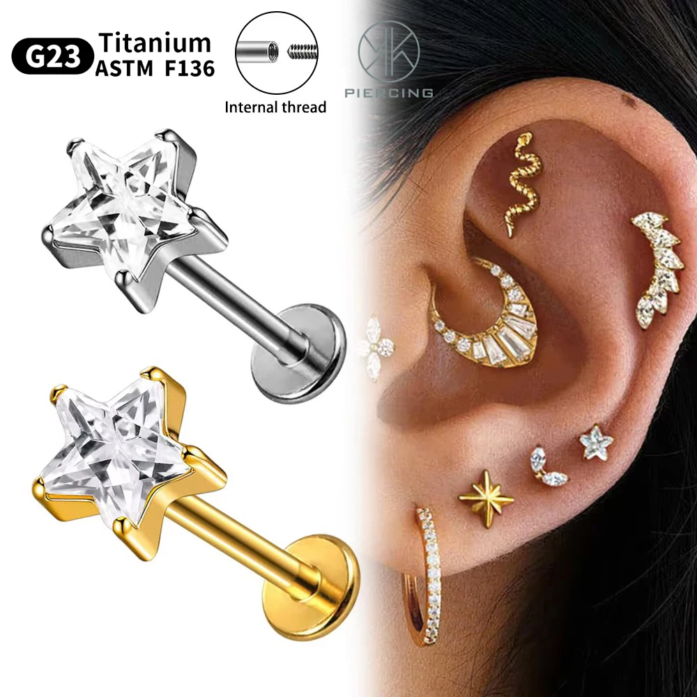 1PC ASTM F136 Titanium Star Flat Back Studs Labret Cartilage Tragus Helix Nose Lip Piercing Jewelry Earrings For Women Men