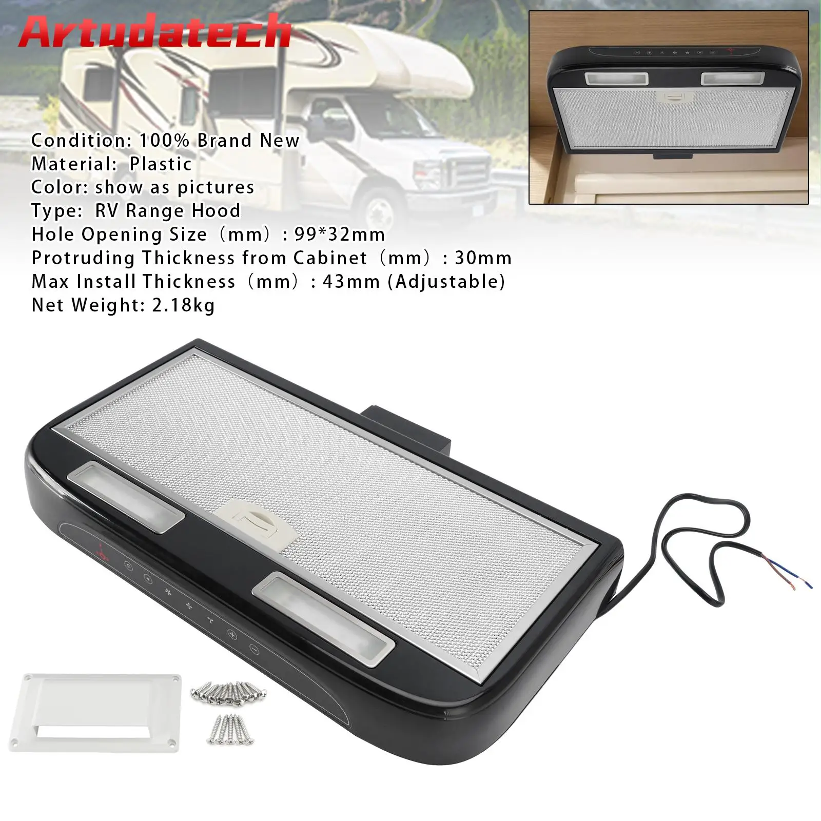 Artudatech 12V RV Range Hood 520mm Touch Control Caravan Cooker Hood With 3 Speed Fan & LED