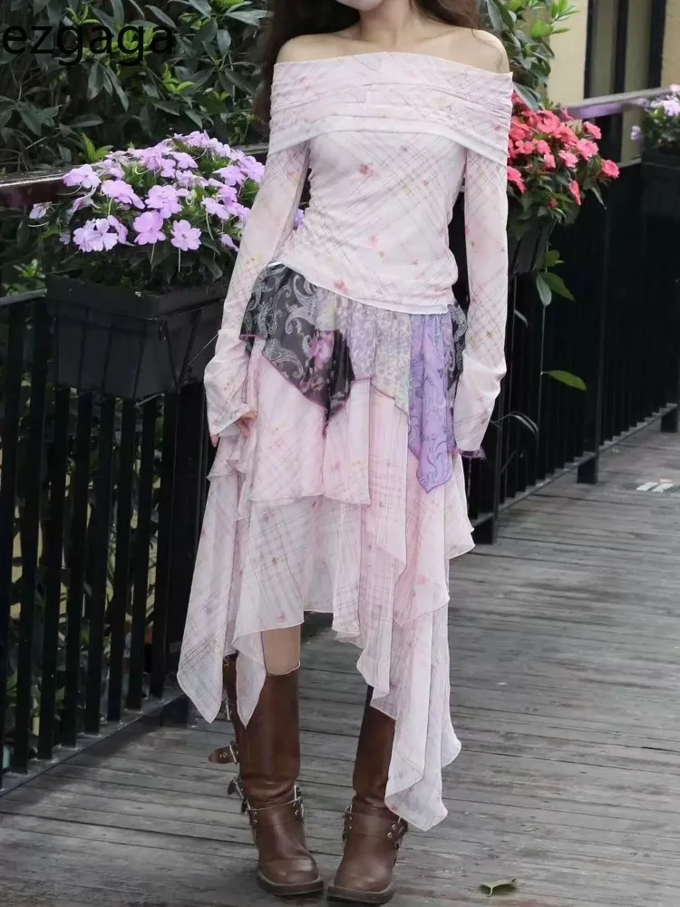 

Ezgaga нерегулярные юбки женские клетчатые лоскутные с высокой талией модные французский стиль шикарные оборки сексуальная юбка женская повседневная винтажная