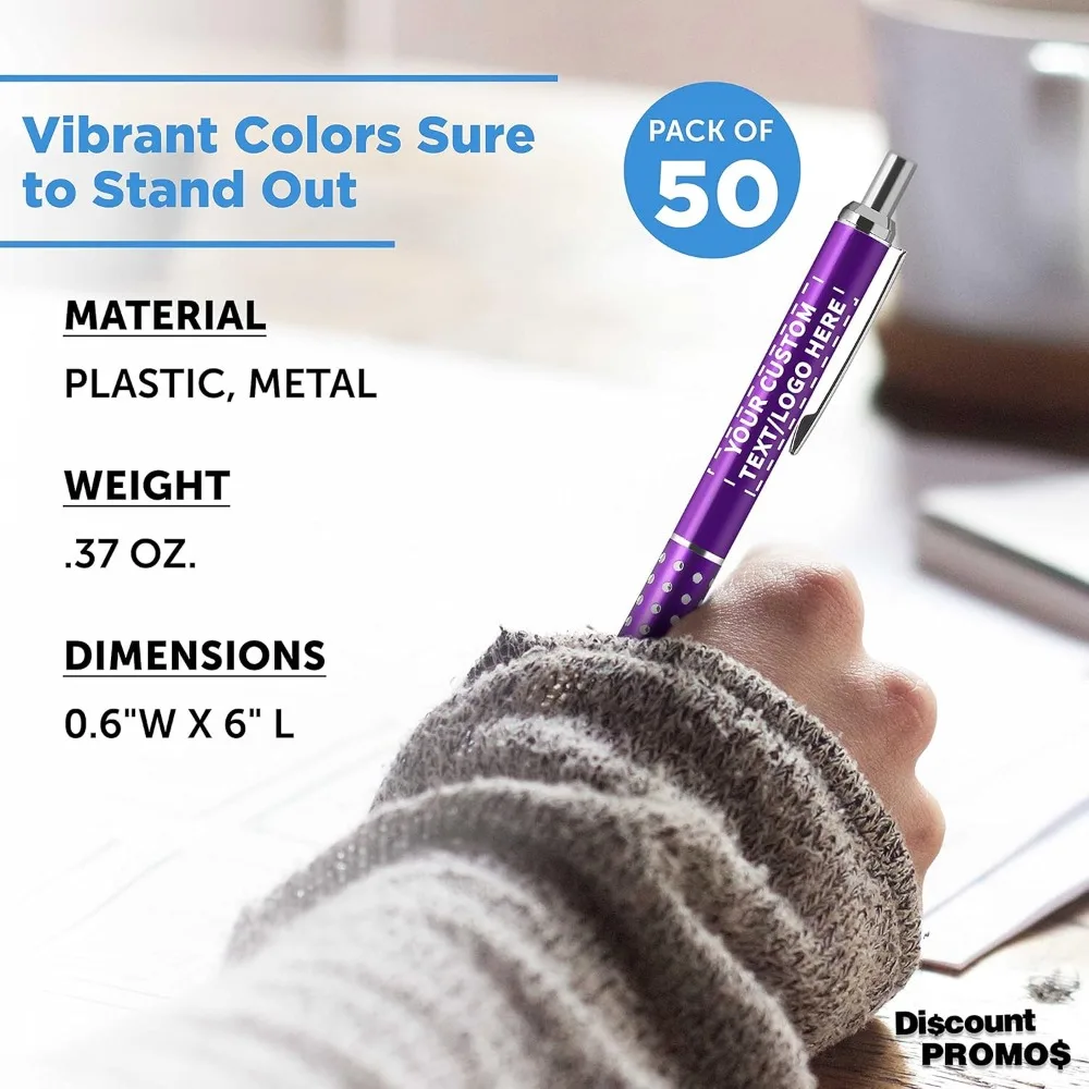 أقلام أرجوانية قابلة للسحب مع لهجات حجر الراين - 50 عبوة، وخيارات نص وشعار مخصصة، وأقلام بلاستيكية للمحترفين #4
