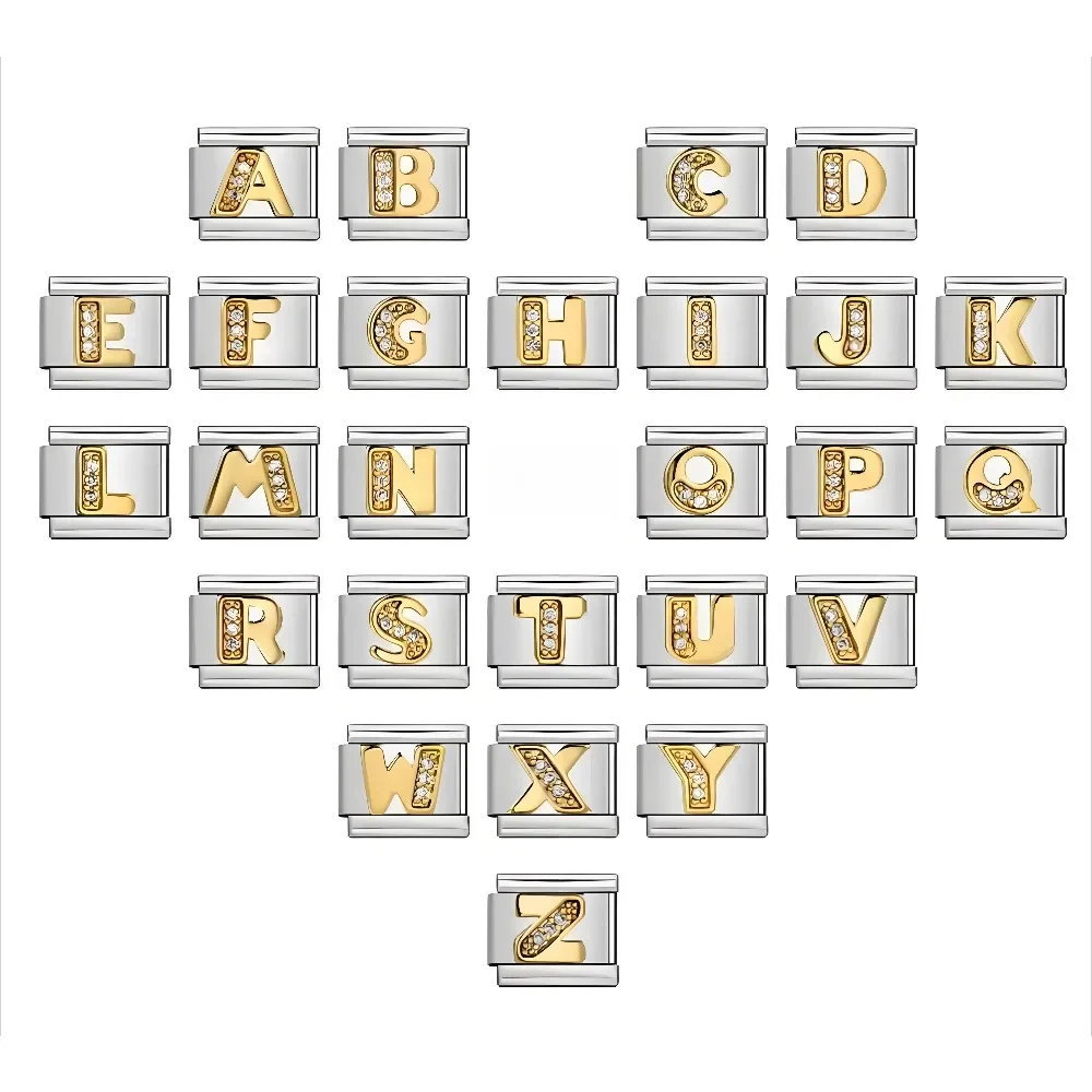 موضة جديدة بأحرف أولية A-Z 26 أساور أبجدية مطلية بالذهب من الفولاذ المقاوم للصدأ وصلات إيطالية 9 مللي متر لتقوم بها بنفسك للنساء والرجال #6