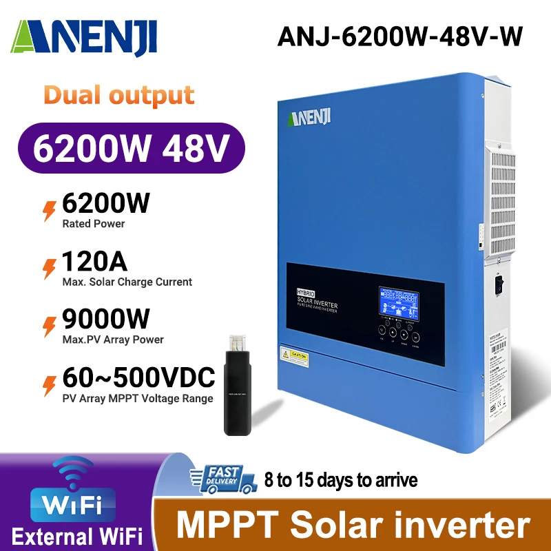 

ANENJI 6200W 48V Dual output Input Hybrid Solar Inverter 120A MPPT Pure Sine Wave Solar Controller PV 500VDC 9000W With WiFi