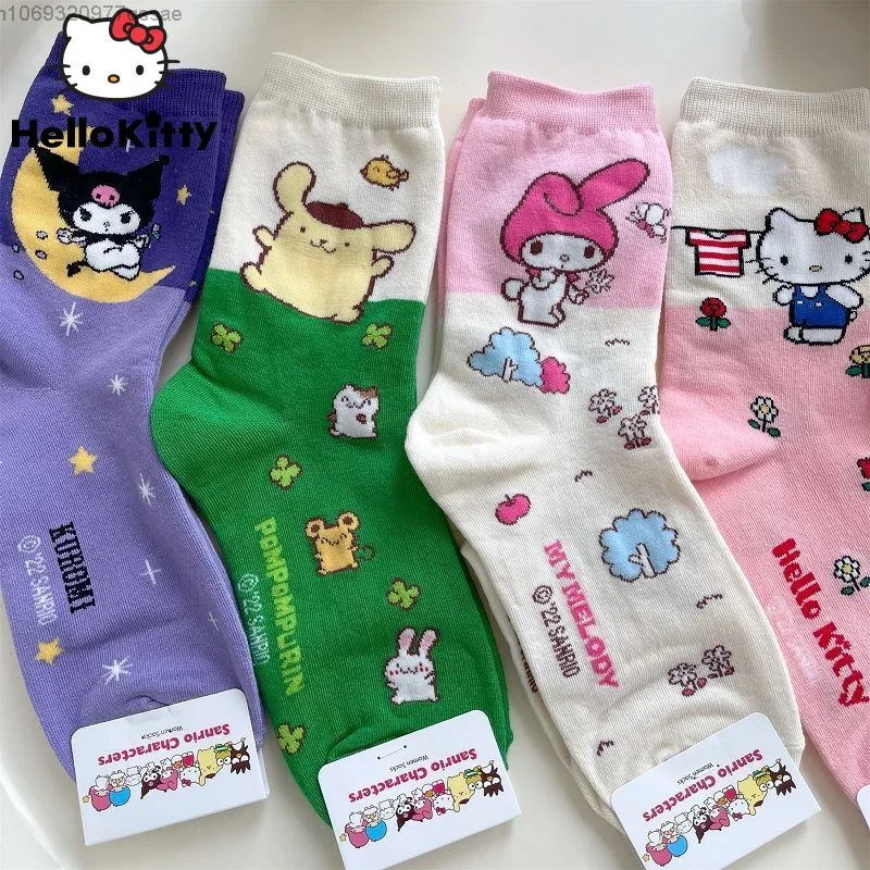 5Pairs Sanrio Kitty Kuromi Cinnamoroll Melody Home Socks for Women Students Medium Stockings Girl Cute Kawaii Cartoon Minuso