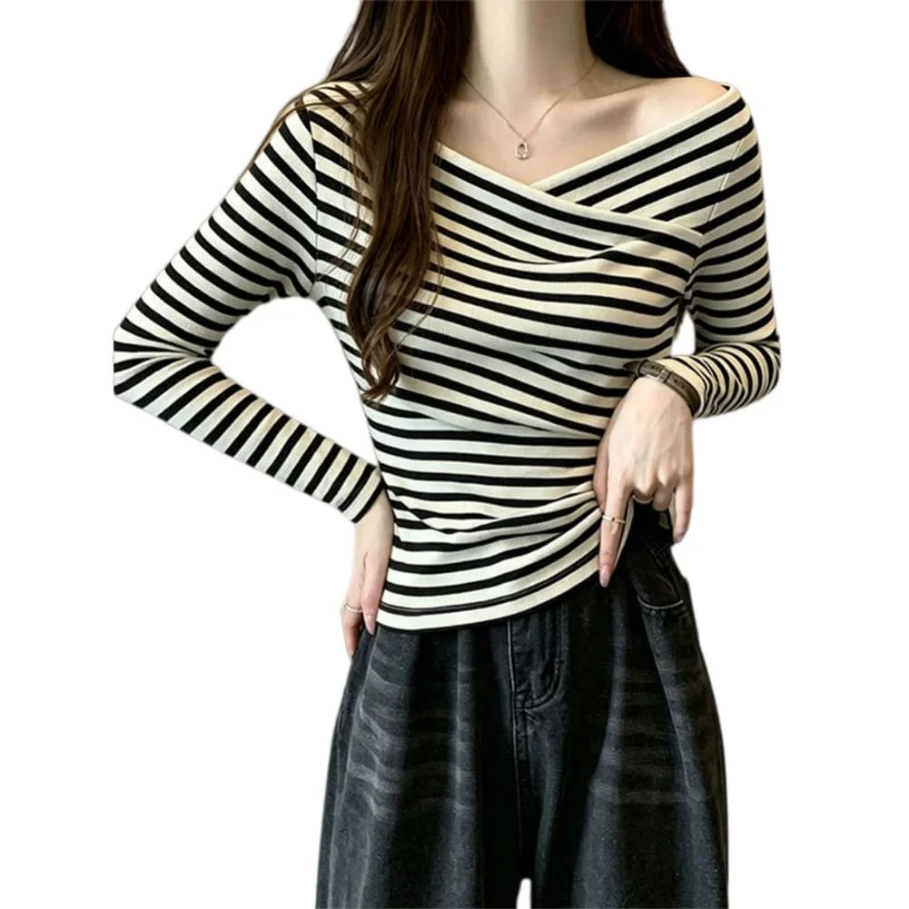 Women's Cross-Over V-Neck Striped Knit T-Shirt with Long Sleeves Fitted Cut and Regular Length for Cycling Days