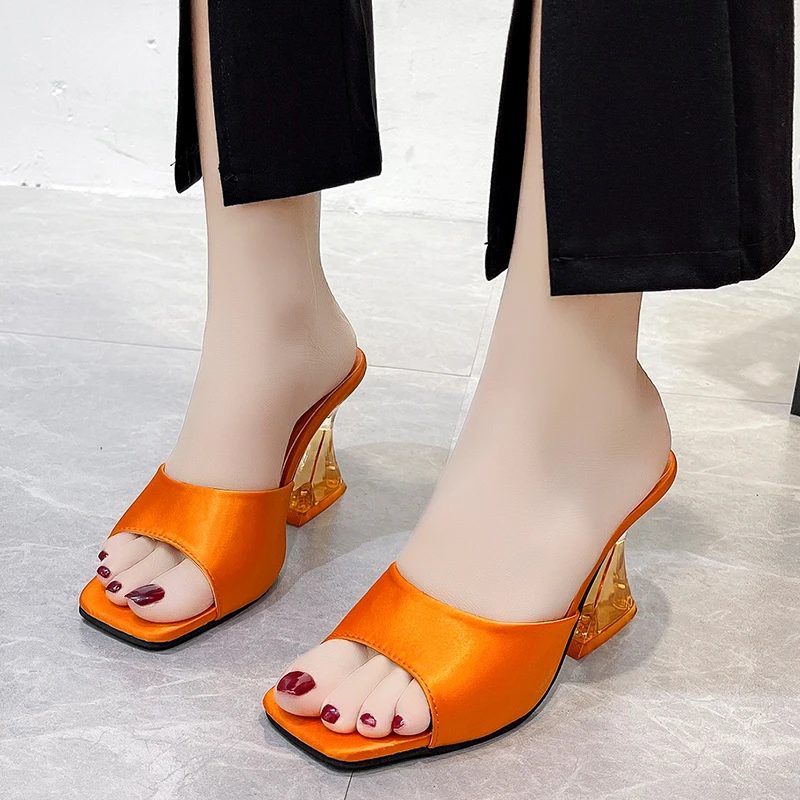 Summer Green Women\'s Shoes Slippers Silky Wide Band Transparent Strange High Heels Comfortable PU Leather Slides Sandals Pumps