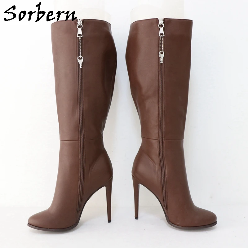 Sorbern Custom Knee High Boots Women Lockable Zipper Winter Unisex Style Cute Round Toe Stilettos High Heel Big Size Eu33-48