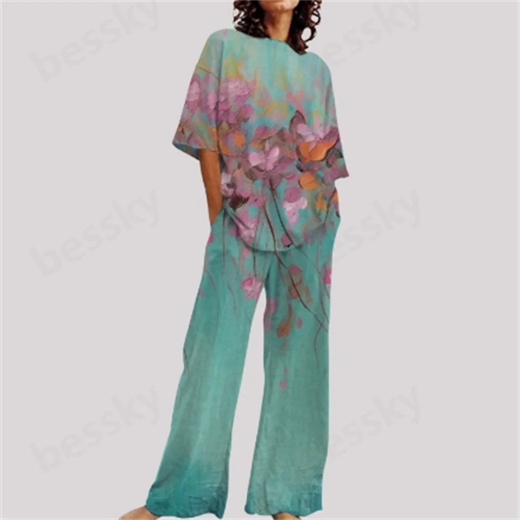 

Women's elegant chic linen loose breathable printed trousers short-sleeved shirt set casual two-piece set