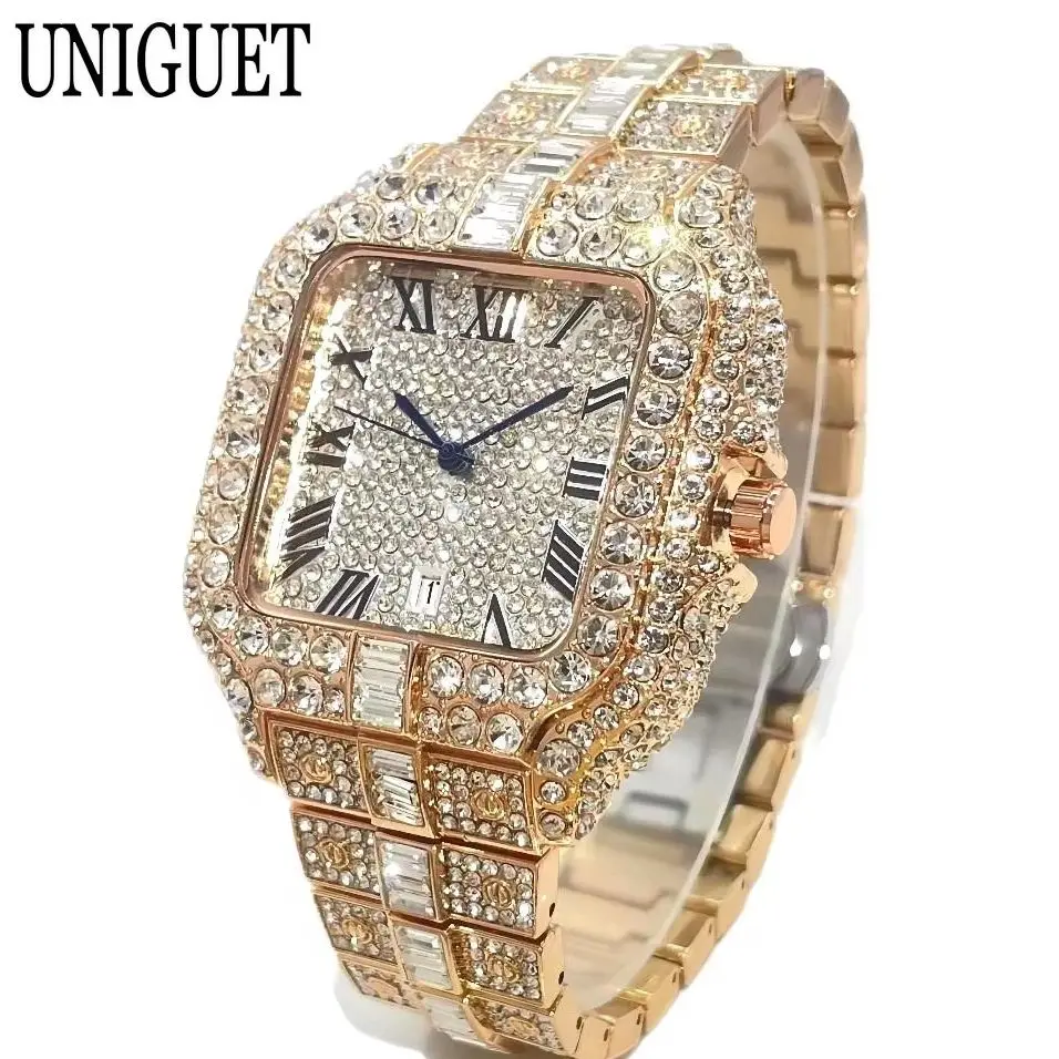 UNIGUET Fashion Watch For Men Luxury Rose Square Iced Out Quartz Watch Man Hip Hop Full Diamond Jewelry Wristwatch Reloj HombreU