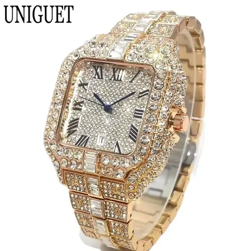 Imagen 2 del producto Reloj UNIGUET de moda para Hombre, Reloj de cuarzo helado cuadrado rosa de lujo para Hombre, Reloj de pulsera con joyería de diamantes completo de Hip Hop, Reloj para HombreU