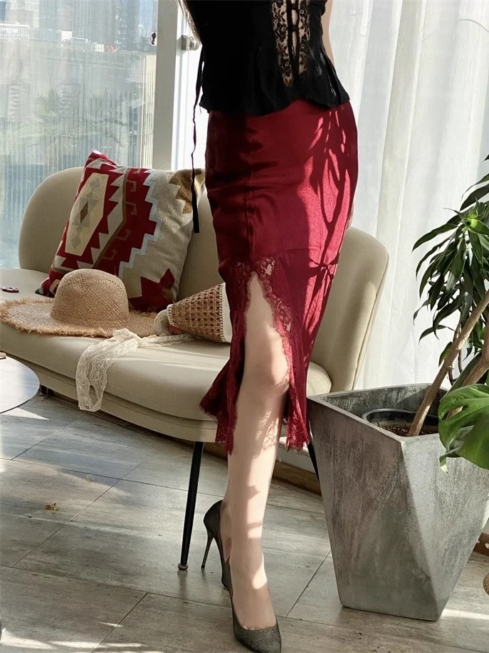 

Susan Luxury Bla Lace Hollow out Acetate Split f-length Skirt Women's Faionable High-waist Midi Skirt for Young Women