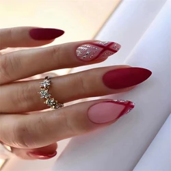 24Pcs/Set Red Almond Fake Nail Tips Glitter Artificial Acrylic Long Press on Nails European Style Stick on Nails Wearing Nails