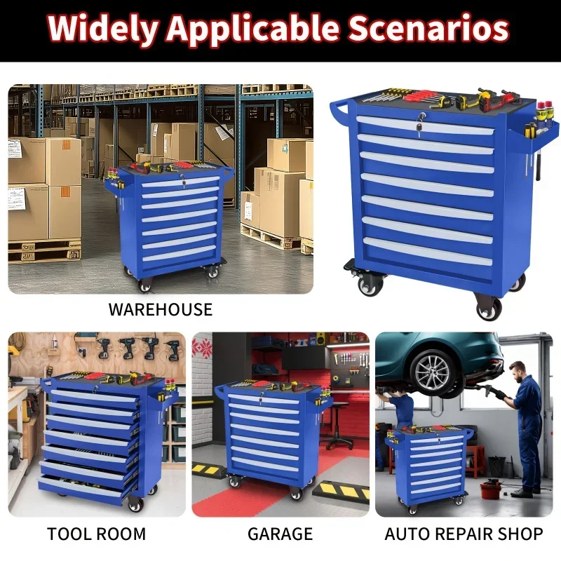 Blue 7-Layer Metal Toolbox with Key Locking System & Wheels - Durable, Multi-Functional Storage Cart