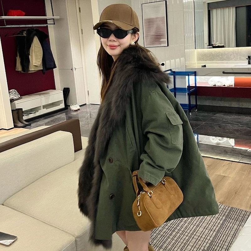 

Американская модная хлопковая куртка из искусственного лисьего меха, зимняя новая шуба, нишевые парки с большим воротником, женская одежда