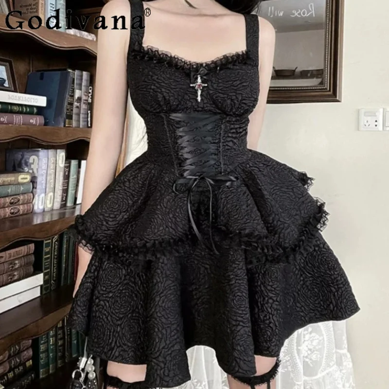 Spring Summer Subculture Lolita Black V-neck Suspender Dress Fashion High Waist A-line Sexy Lace-up Princess Cake Black Dresses