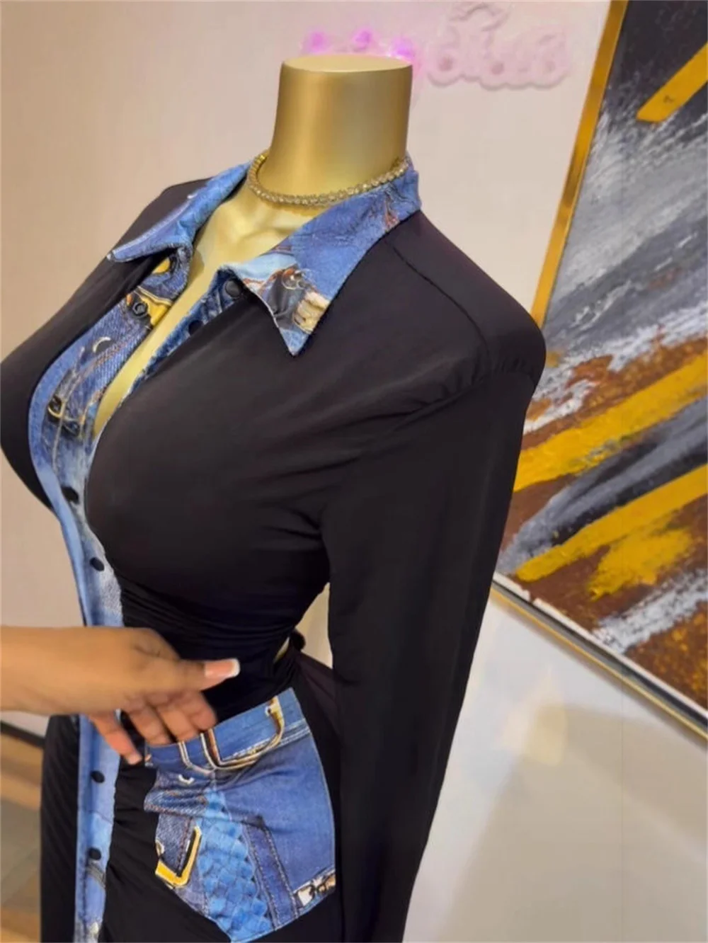 여성 섹시 긴팔 데님 패치워크 블랙 바디콘 맥시 드레스 생일 셀럽 고품질 파티 디자인 칵테일 드레스