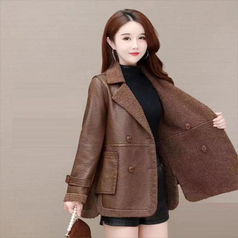 Casual Lapel Thick Faux Leather Jackets Women Vintage double-breasted Warm woolen Blends Coats Female Winter Outwears