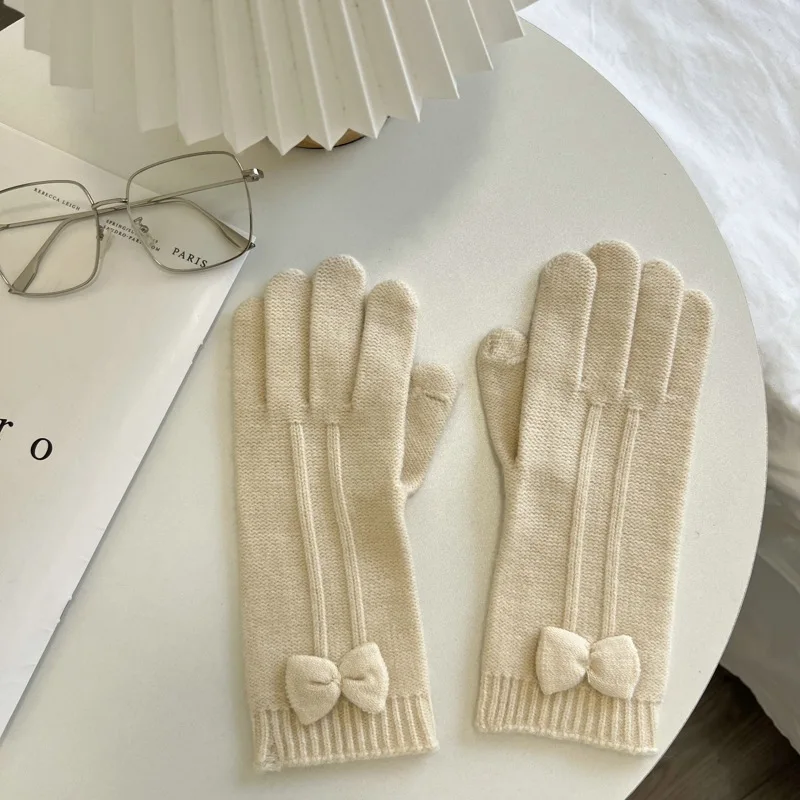 2024 New Style Bowknot Touch Screen Finger South Korea Ins Cute Knitting Wool Five Finger Gloves Female Winter Warm Riding Tide