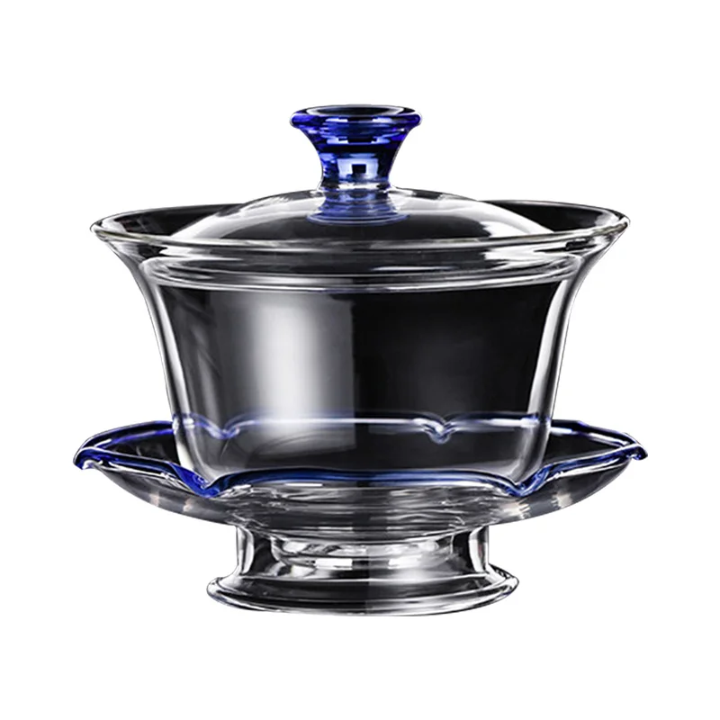 Heqi Glass Lid Bowl Heat-Resistant Thickening Three-Piece Tea Bowl Kung Fu Tea Set Large Single Handmade Tea Cup