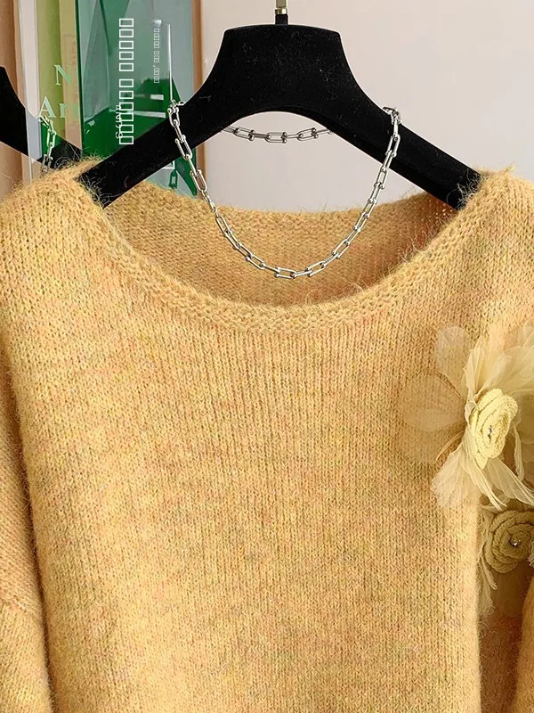 المرأة طويلة Sve محبوك سترة ثلاثية الأبعاد زهرة التطريز فضفاضة تناسب العلوي Sle الخريف الشتاء Faion بلوزة صوفية غير رسمية