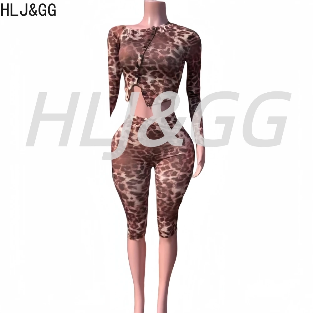 Hlj & gg sexy leopardo impressão malha ver através de conjuntos de duas peças feminino decote em v botão manga longa topo e calças outfits y2k streetwear