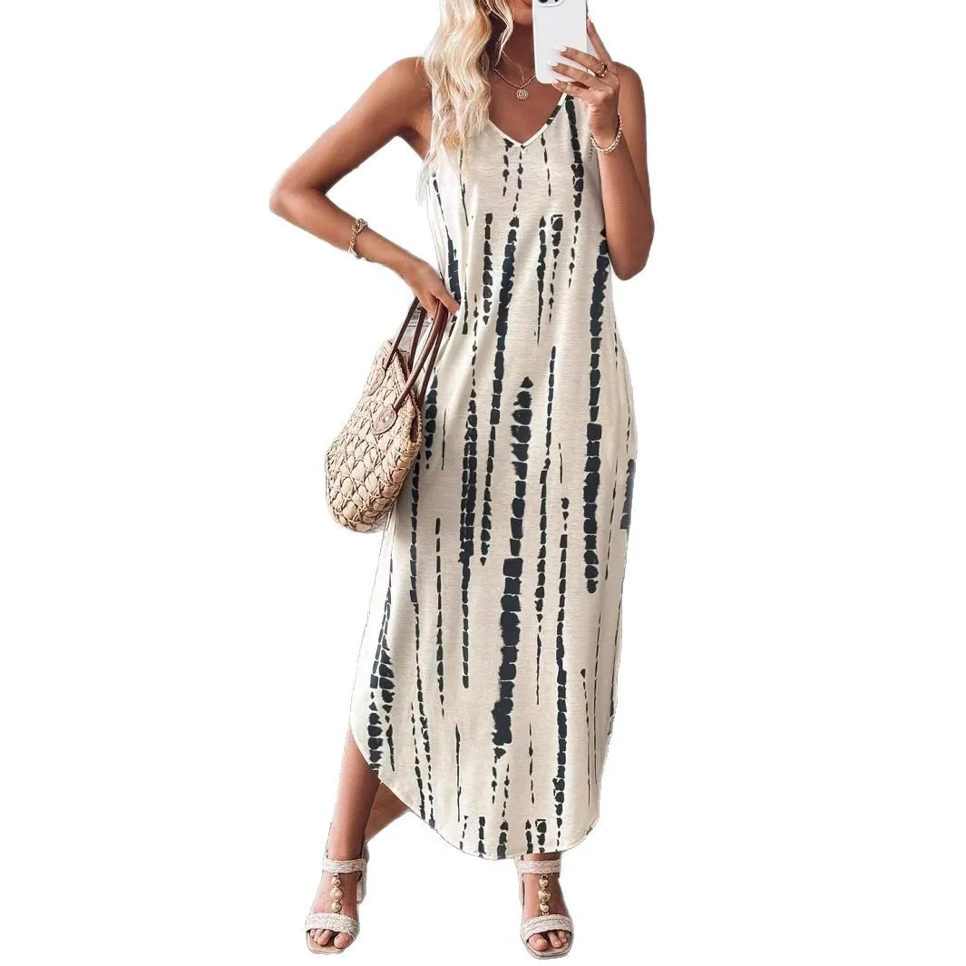 Modieuze vrijetijdsjurk Mouwloze zomerjurk met losse split en print V-hals Kleurblokken Print Mouwloze lange jurk voor dames